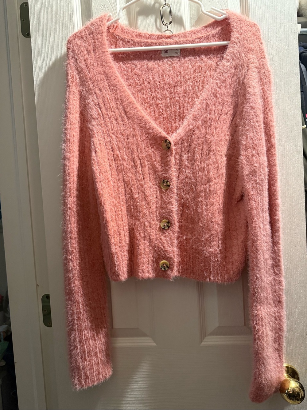 SO Pink Fuzzy V-Neck Button Cardigan